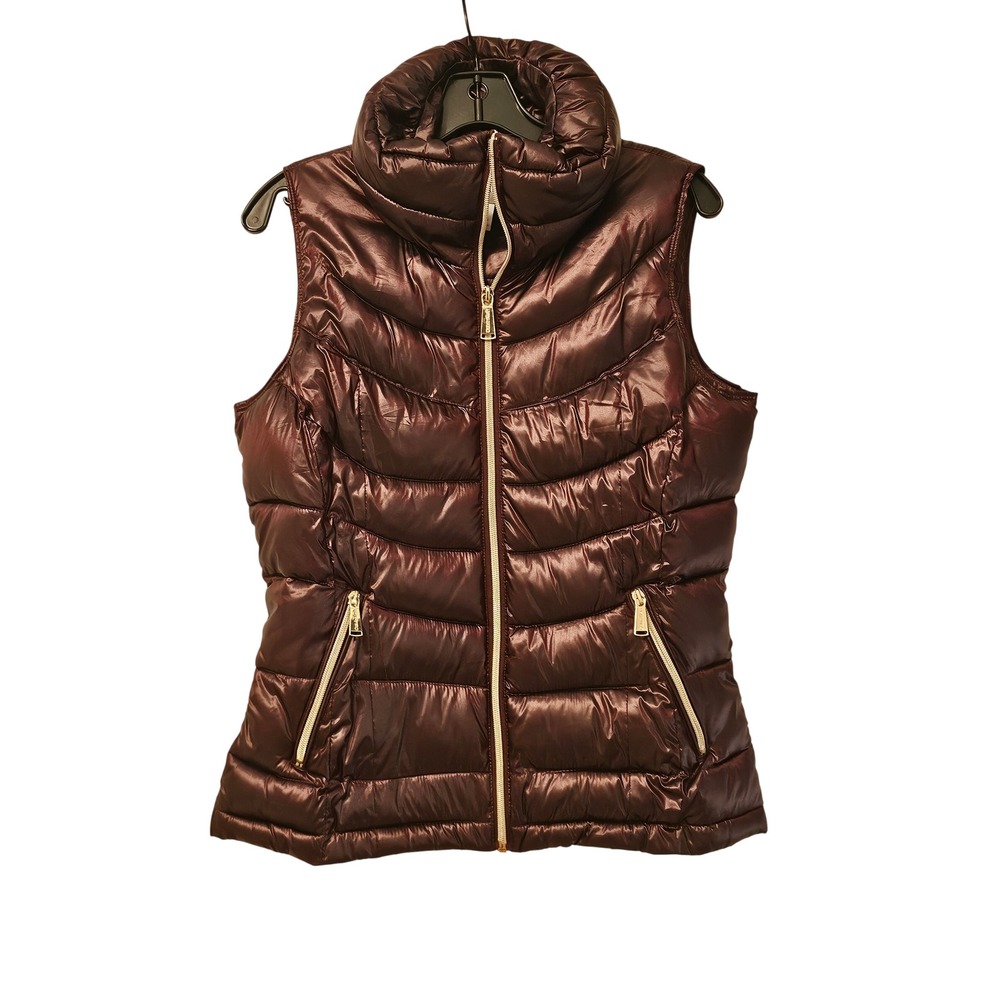 Calvin Klein Womens Mahogany Brown Metallic Quilted Puffer Vest Small JT3
